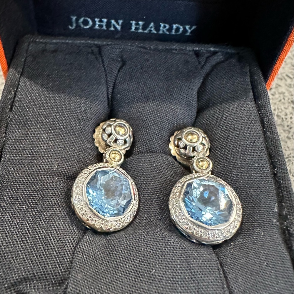 JOHN HARDY 18K GOLD/STERLING SILVER & BLUE TOPAZ WITH DIAMONDS DROP EARRINGS